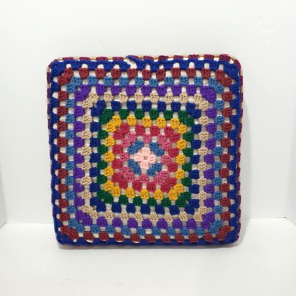 Vtg Crochet Granny Square Accent Decorative Pillow Multicolor Foam Insert 12x12 - Picture 2 of 10